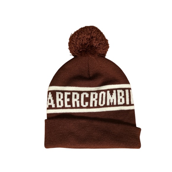 Abercrombie & Fitch Logo Beanie Pom Hat Burgundy White Knit Y2K Style New - Picture 1 of 3